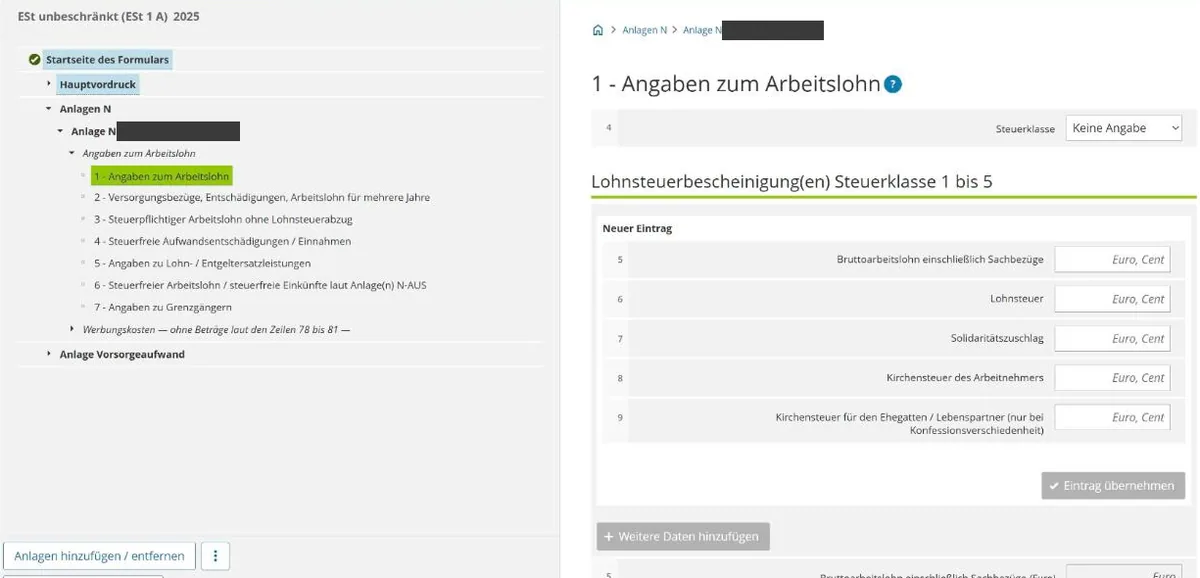 Anlage N in Mein ELSTER: Abschnitt „1 - Angaben zum Arbeitslohn“ mit den Feldern der Lohnsteuerbescheinigung (Name geschwärzt)