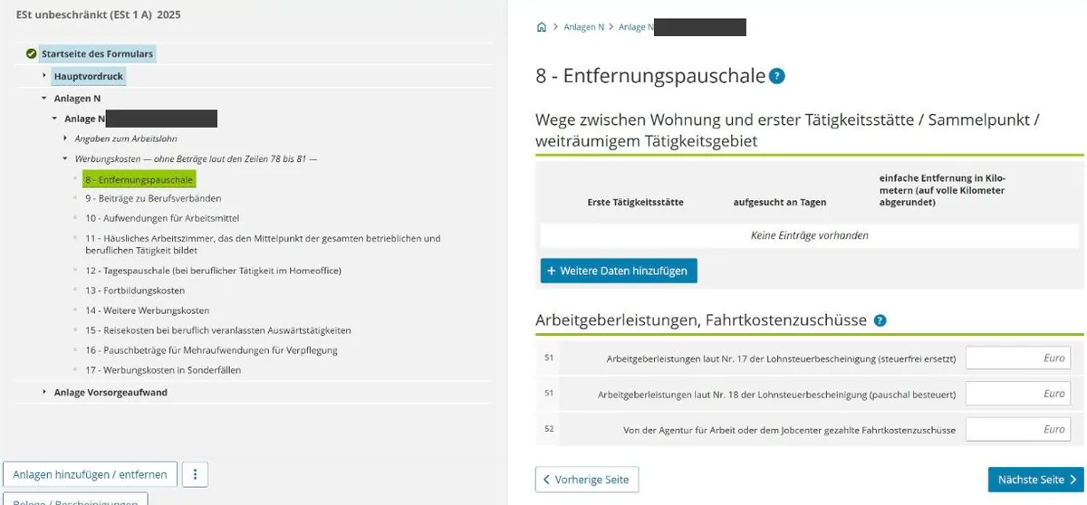 Anlage N in Mein ELSTER: „8 - Entfernungspauschale“ mit der Tabelle für Wege zwischen Wohnung und erster Tätigkeitsstätte (Name geschwärzt)