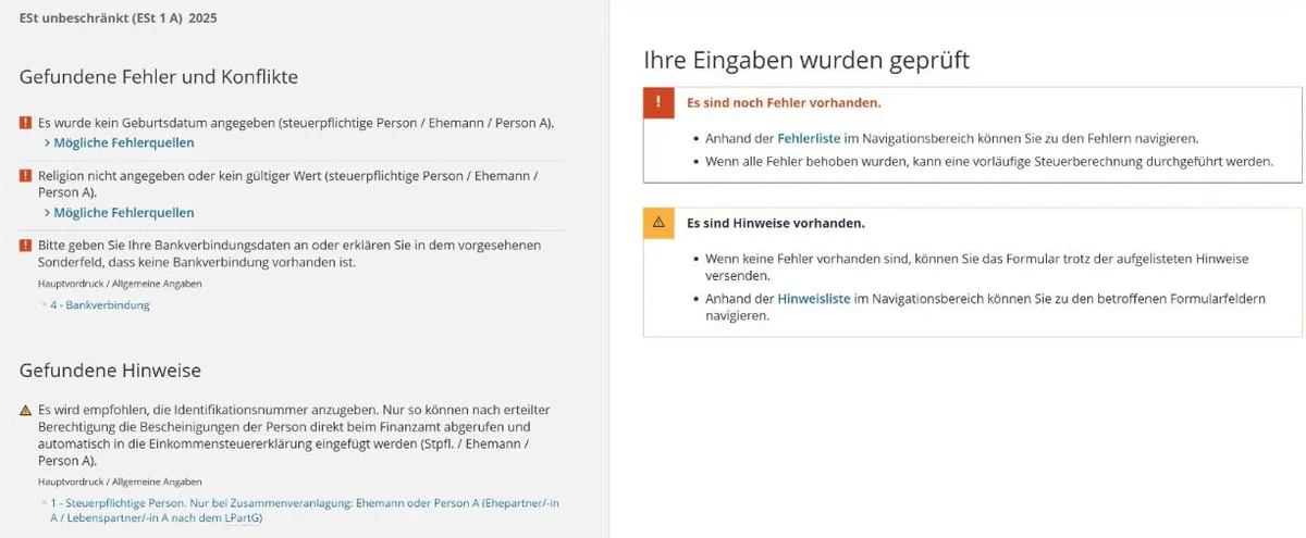 Prüfergebnis in Mein ELSTER: Liste der gefundenen Fehler und Hinweise nach „Prüfen“