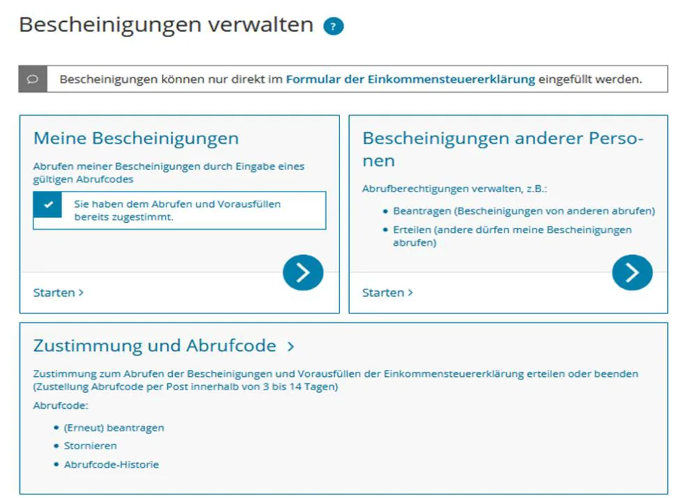 Bereich „Bescheinigungen verwalten“ in Mein ELSTER mit „Meine Bescheinigungen“ und „Zustimmung und Abrufcode“