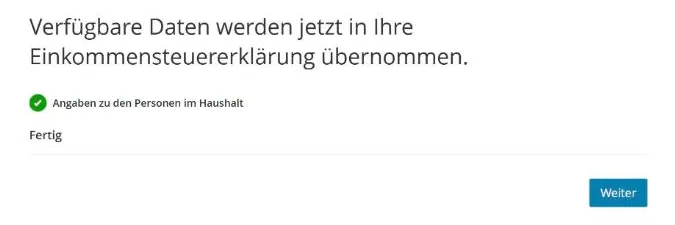 Mein ELSTER beim Öffnen der Einkommensteuererklärung: Verfügbare Daten werden in die Erklärung übernommen