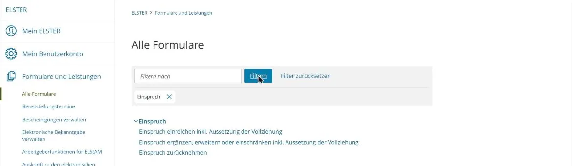 Mein ELSTER, Alle Formulare: Filter „Einspruch“ mit den Formularen Einspruch einreichen, ergänzen und zurücknehmen