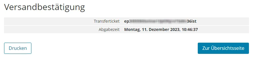 Versandbestätigung in Mein ELSTER mit Transferticket, Abgabezeit und der Schaltfläche Drucken (Beispiel)