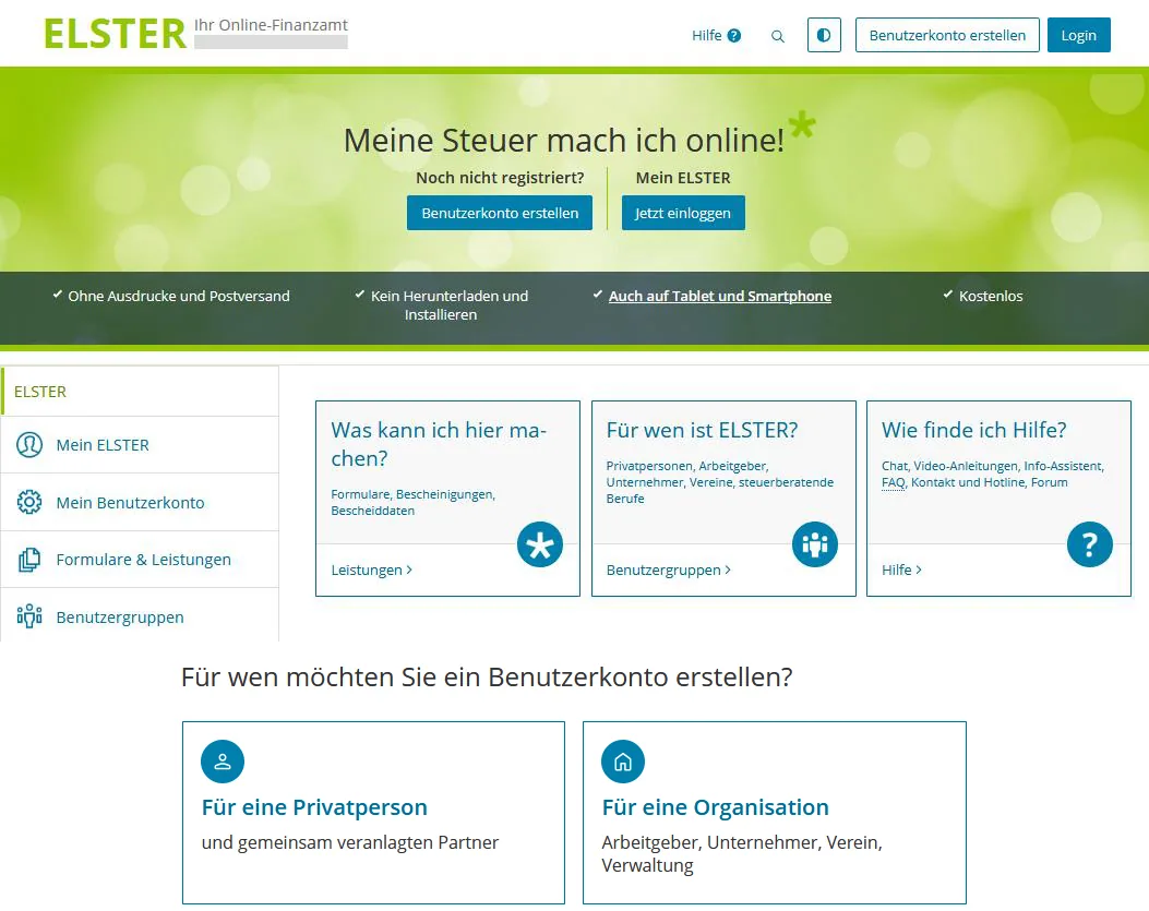 ELSTER-Startseite mit dem Button „Benutzerkonto erstellen“, darunter die Auswahl „Für eine Privatperson“ oder „Für eine Organisation“