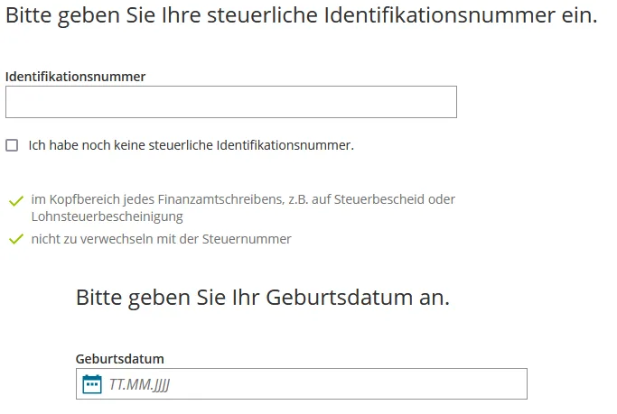 Eingabefelder für die steuerliche Identifikationsnummer und das Geburtsdatum in Mein ELSTER