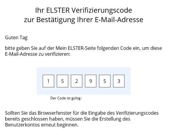 E-Mail von ELSTER mit einem sechsstelligen Verifizierungscode (Beispielcode)