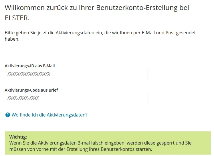 Eingabe von Aktivierungs-ID aus der E-Mail und Aktivierungscode aus dem Brief in Mein ELSTER