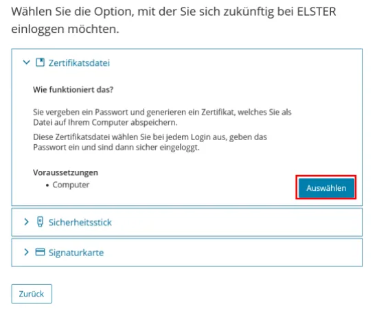 Auswahl der Login-Option in Mein ELSTER: Zertifikatsdatei, Sicherheitsstick oder Signaturkarte