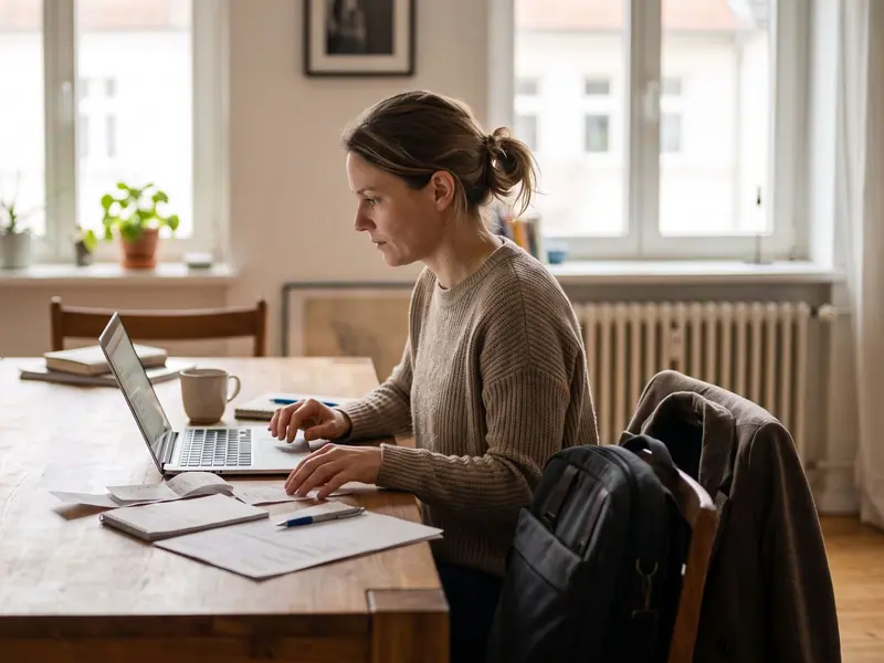 Person sitzt am Laptop, daneben Belege und eine Arbeitstasche auf dem Tisch