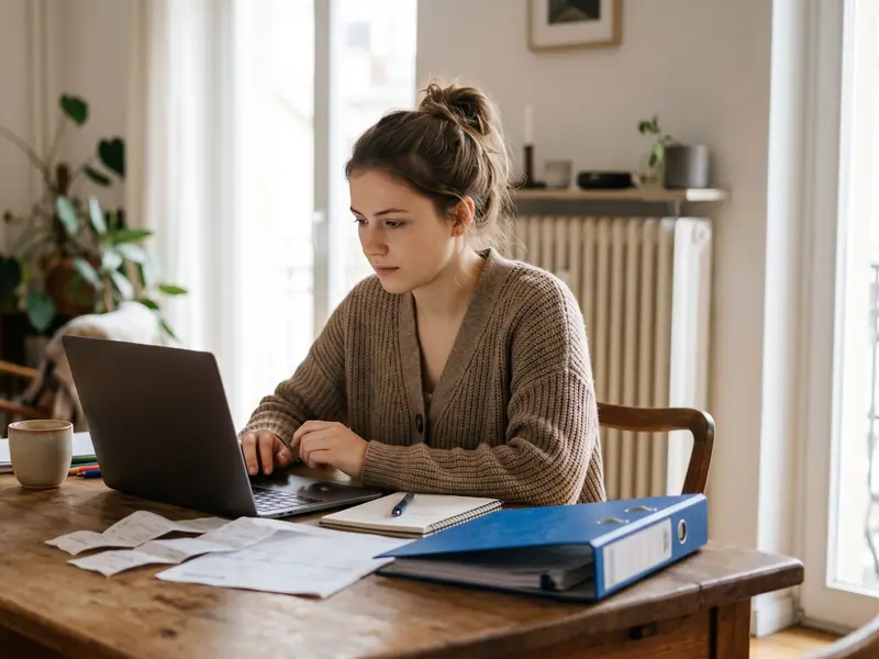 Eine Studentin sitzt mit einem Laptop und arbeitet konzentriert an einem Tisch.