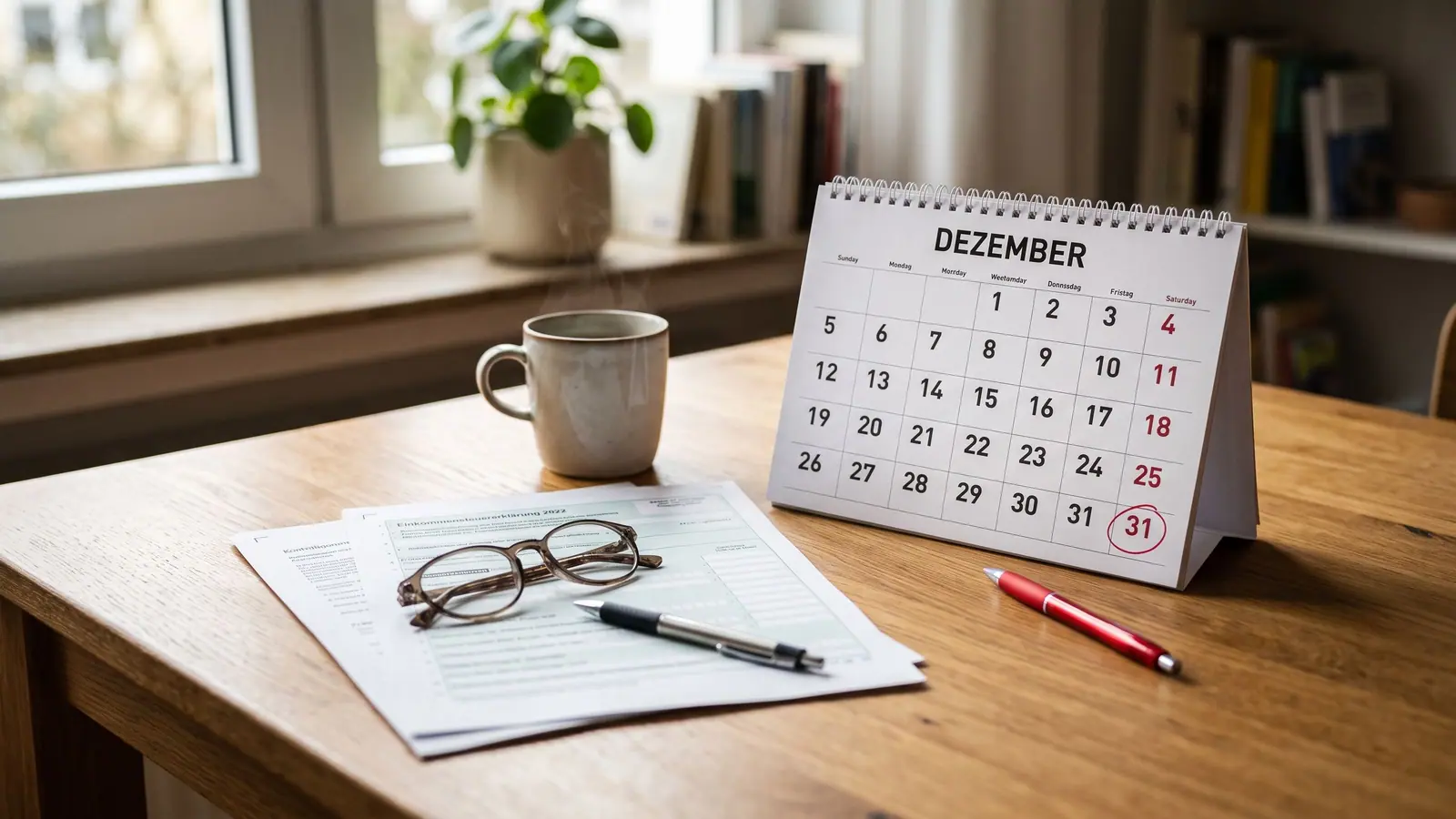 Kalenderblatt mit umkreistem 31. Dezember neben Steuerformular, Brille und Kaffeetasse