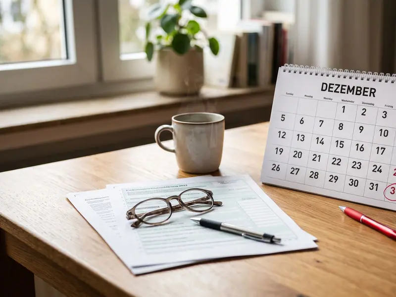 Kalenderblatt mit umkreistem 31. Dezember neben Steuerformular, Brille und Kaffeetasse