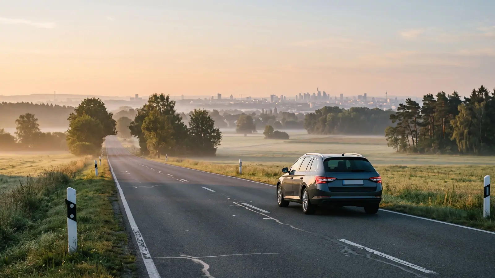 Auto auf einer Landstraße im Morgenlicht, dahinter die Skyline einer Stadt.