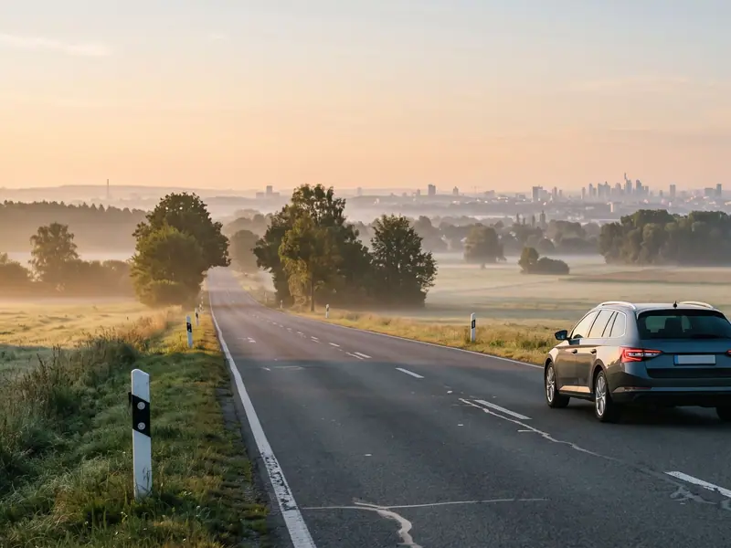 Auto auf einer Landstraße im Morgenlicht, dahinter die Skyline einer Stadt.
