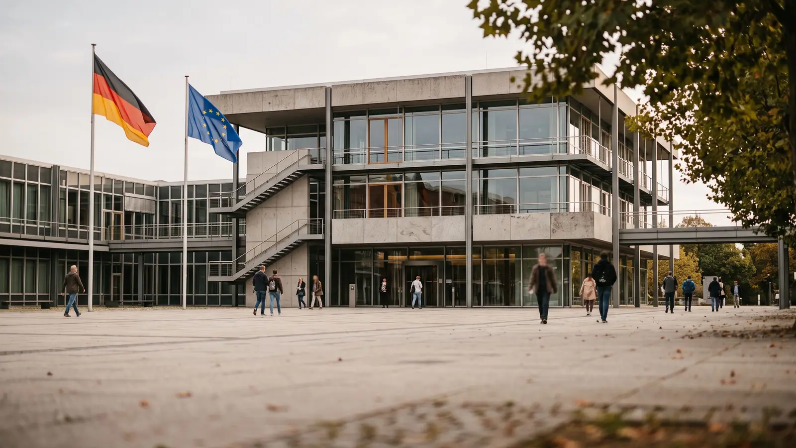 Eingangsbereich des Bundesverfassungsgerichts in Karlsruhe mit Blick auf die Fassade