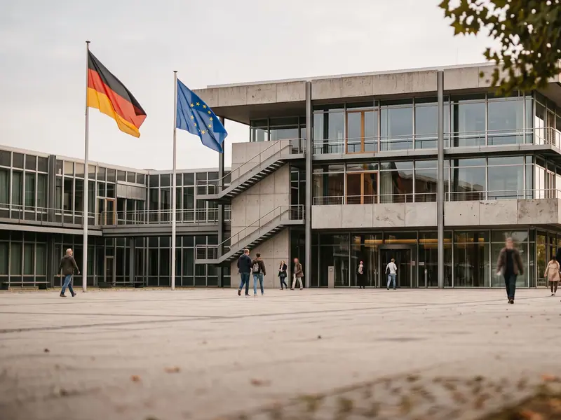 Eingangsbereich des Bundesverfassungsgerichts in Karlsruhe mit Blick auf die Fassade