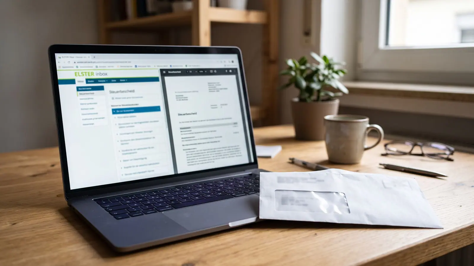 Laptop mit geöffnetem ELSTER-Postfach und PDF-Steuerbescheid, daneben ein ungeöffneter Briefumschlag.
