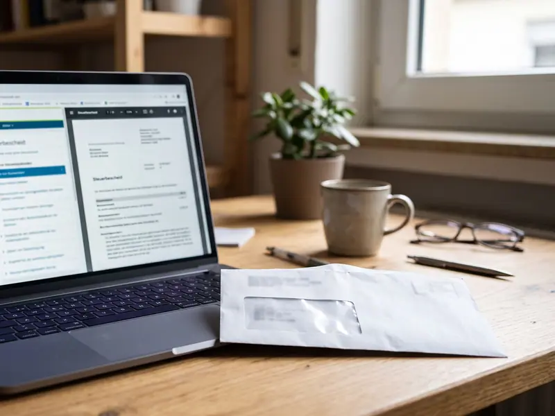 Laptop mit geöffnetem ELSTER-Postfach und PDF-Steuerbescheid, daneben ein ungeöffneter Briefumschlag.