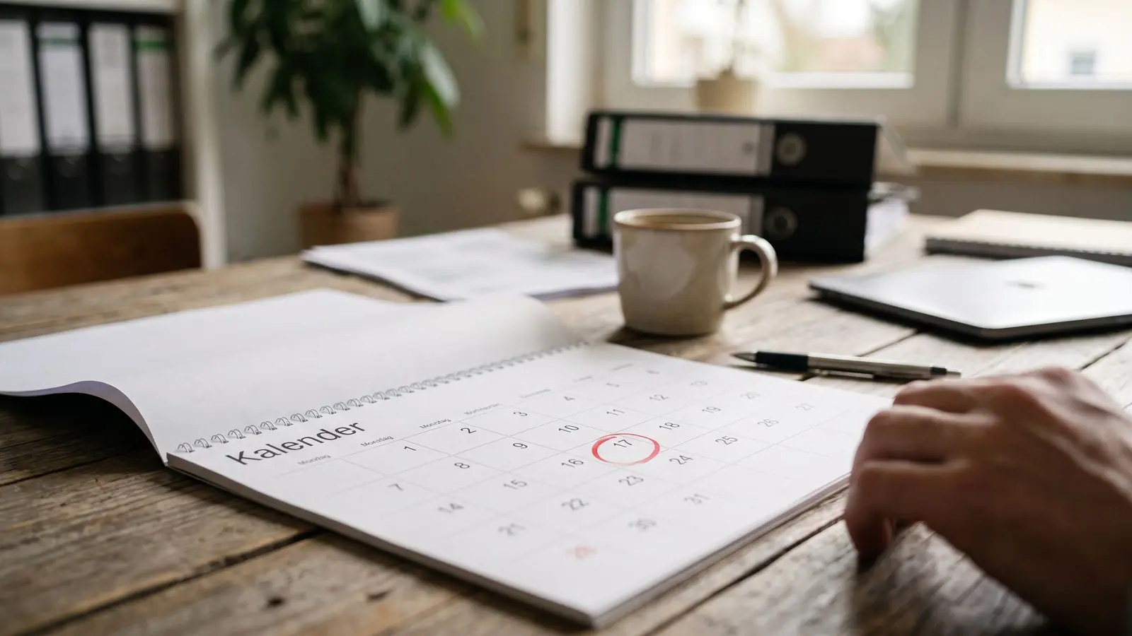 Kalender mit rot markiertem Datum, umgeben von Steuerformularen und einem Stift