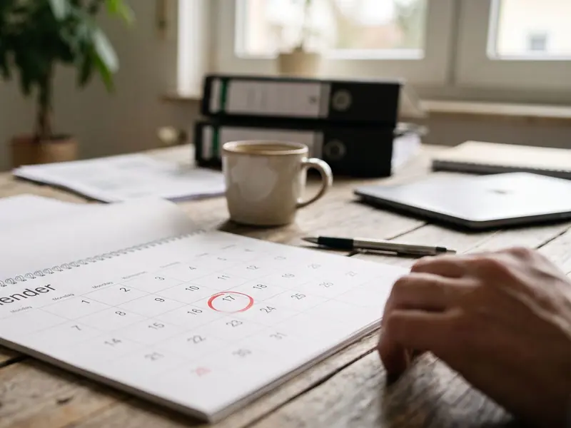 Kalender mit rot markiertem Datum, umgeben von Steuerformularen und einem Stift