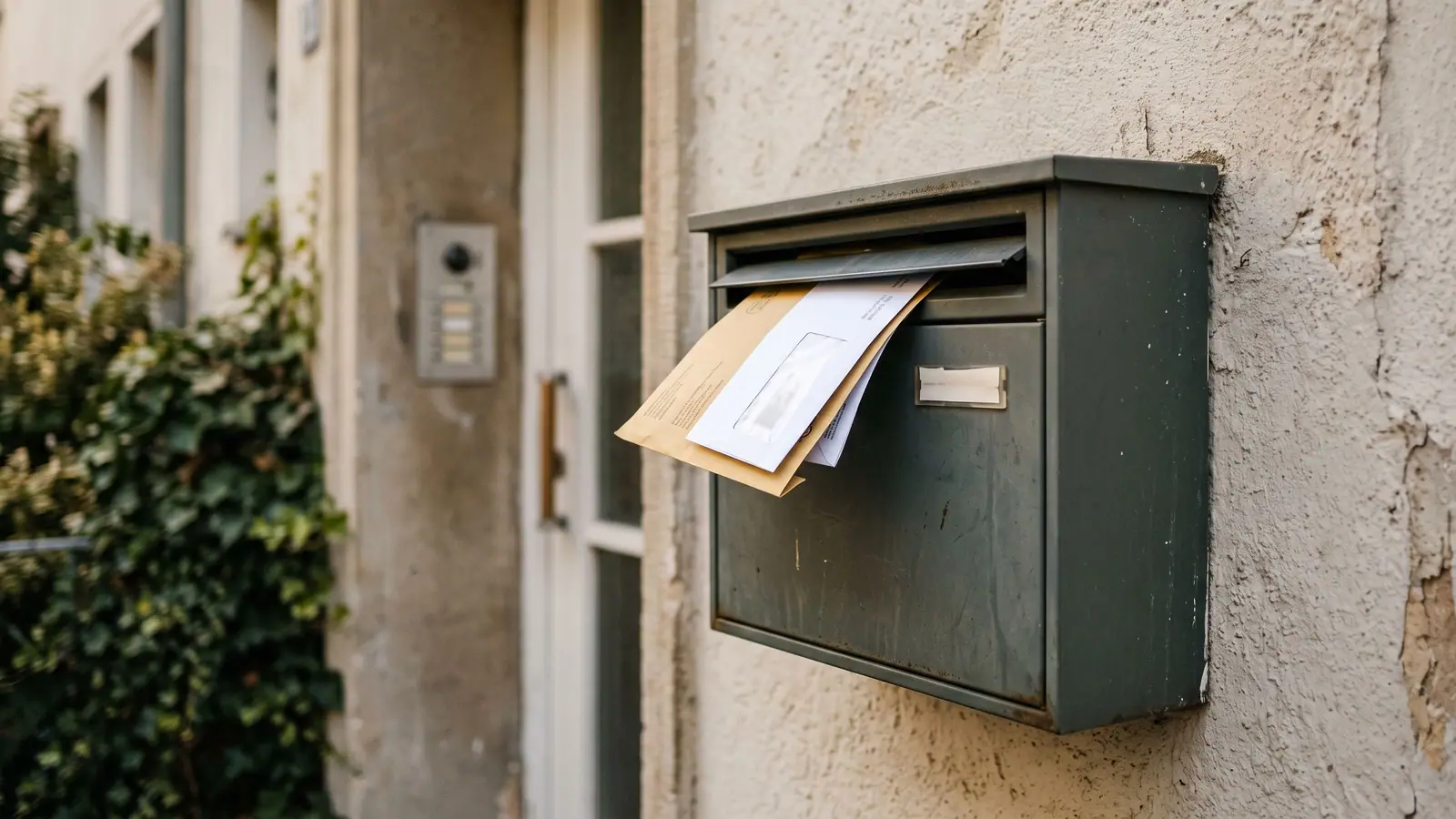 Briefkasten mit mehreren Umschlägen, die Behördenpost und Steuerunterlagen enthalten