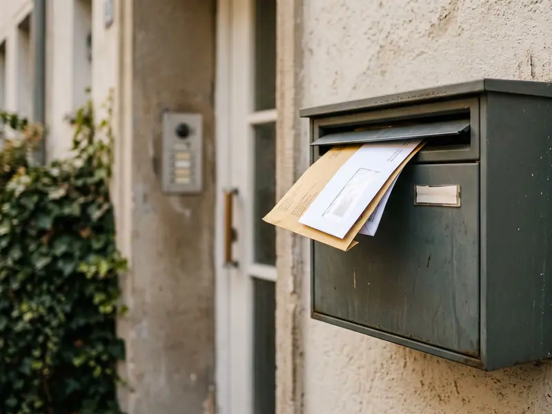 Briefkasten mit mehreren Umschlägen, die Behördenpost und Steuerunterlagen enthalten