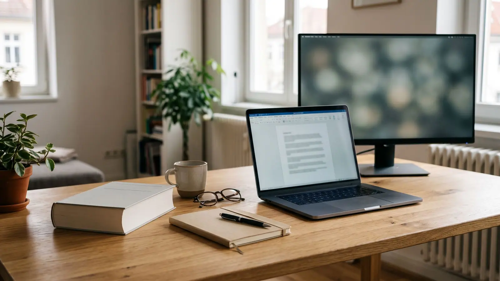 Laptop, Monitor und aufgeschlagenes Fachbuch liegen auf einem hellen Schreibtisch.