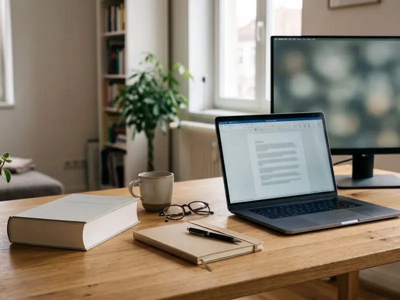 Laptop, Monitor und aufgeschlagenes Fachbuch liegen auf einem hellen Schreibtisch.