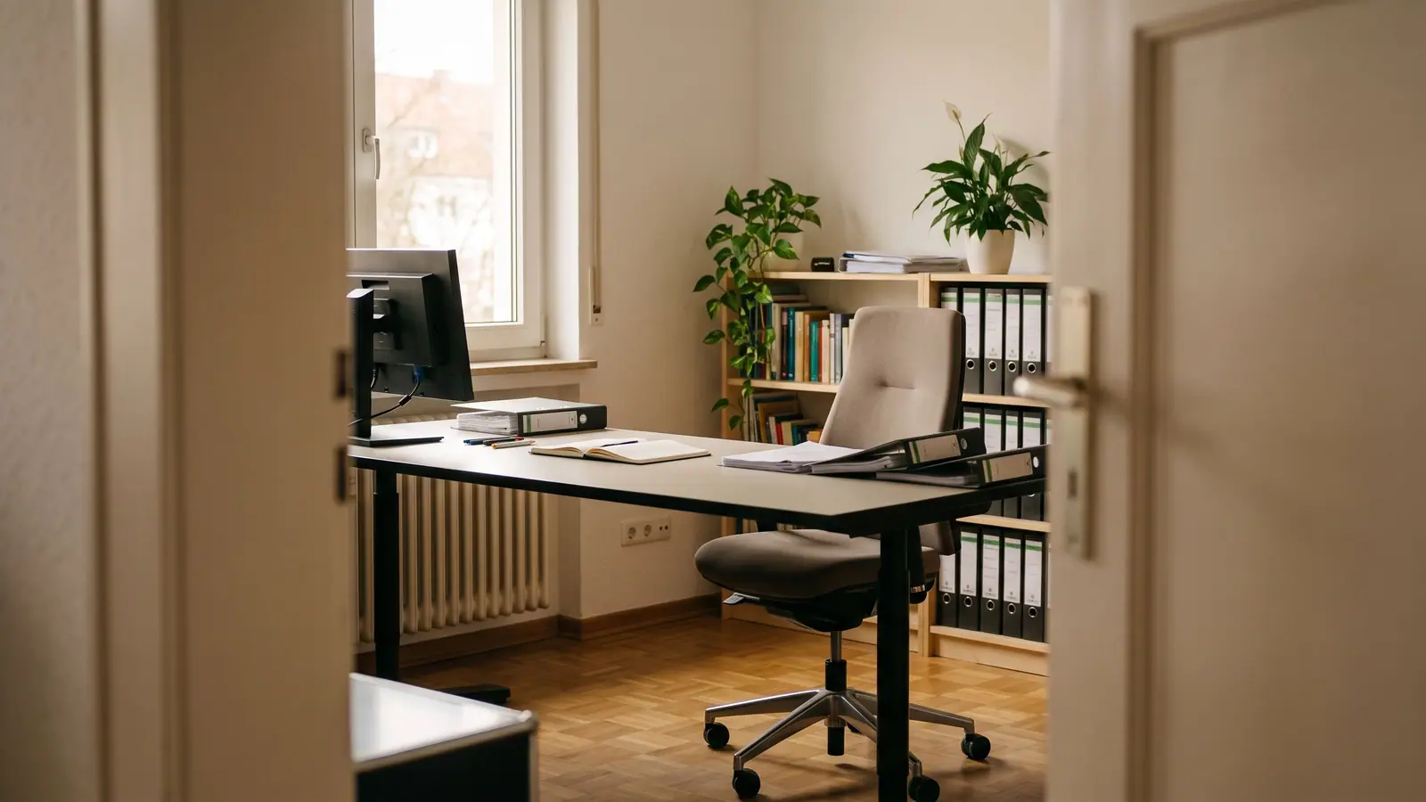 Abgeschlossener Arbeitsraum mit Schreibtisch, Stuhl und Regal an einer Wand