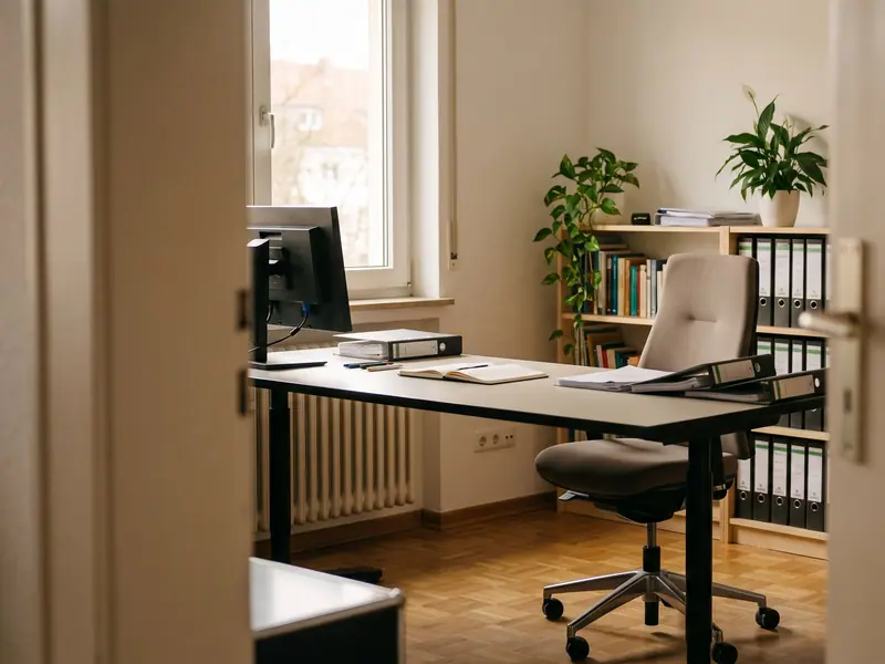 Abgeschlossener Arbeitsraum mit Schreibtisch, Stuhl und Regal an einer Wand