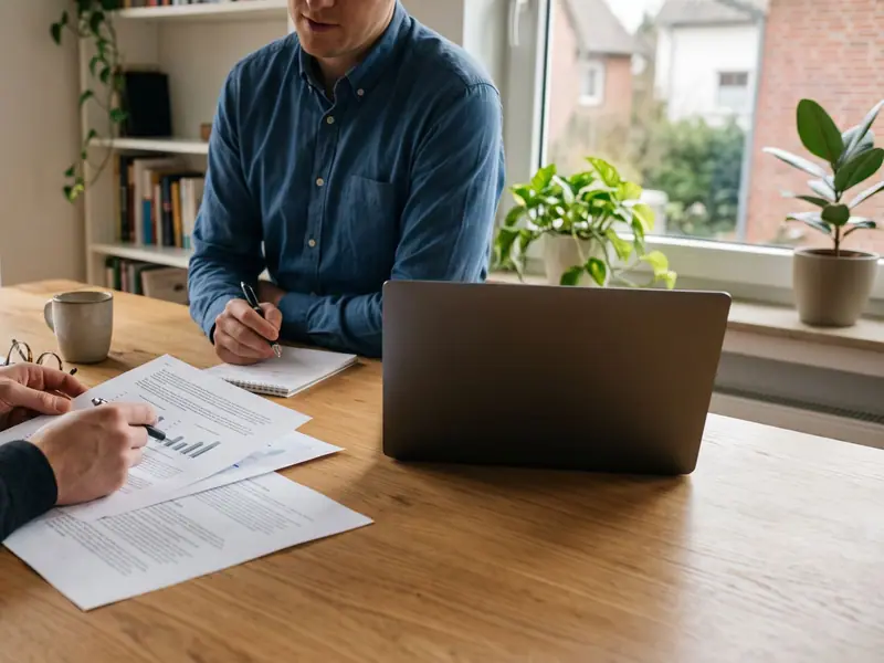 Zwei Personen besprechen ausgedruckte Unterlagen am Besprechungstisch, daneben ein zugeklappter Laptop