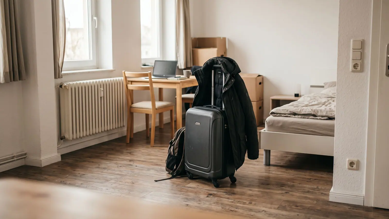 Kleine Zweitwohnung mit Koffer und Möbeln, Symbol für doppelte Haushaltsführung am Arbeitsort