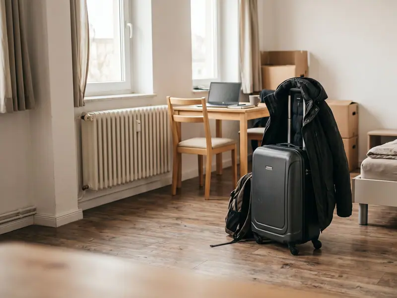 Kleine Zweitwohnung mit Koffer und Möbeln, Symbol für doppelte Haushaltsführung am Arbeitsort