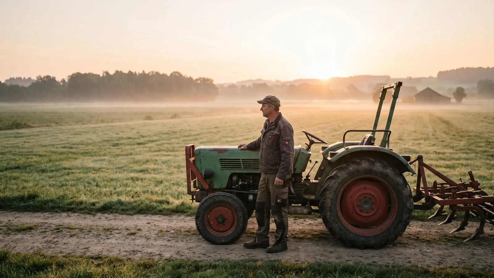 Landwirt fährt mit Traktor über ein Feld bei Sonnenaufgang