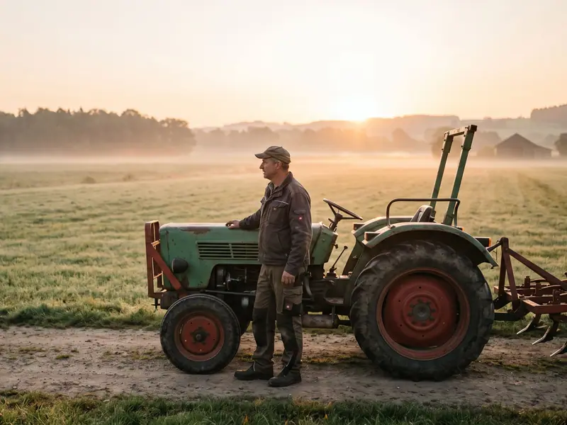 Landwirt fährt mit Traktor über ein Feld bei Sonnenaufgang