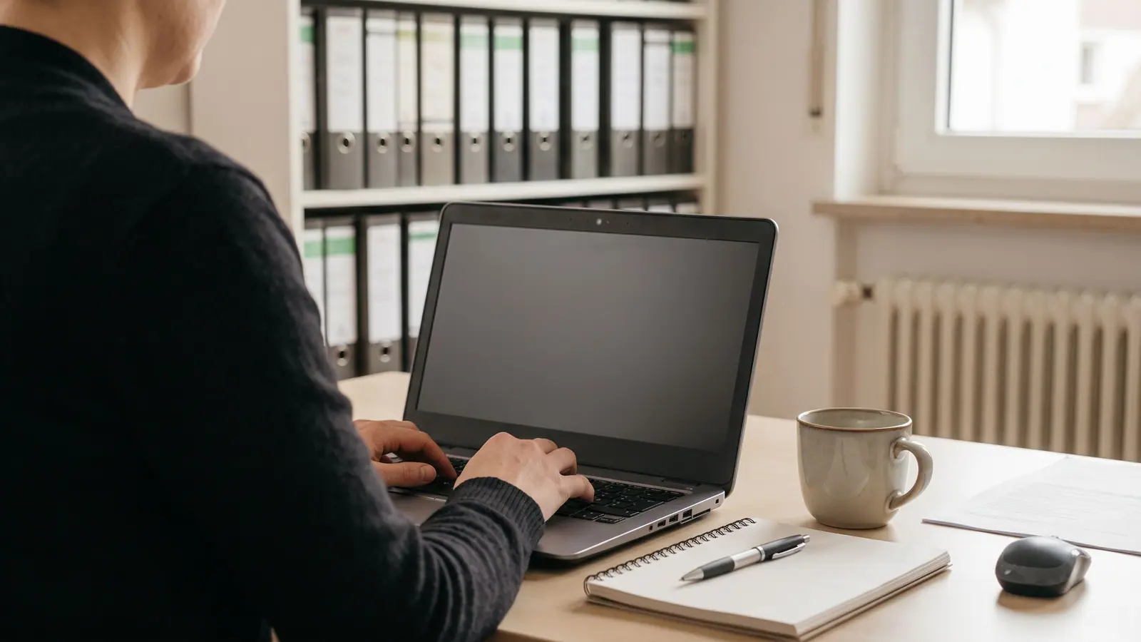 Person tippt am Laptop, von hinten über die Schulter fotografiert, Büro mit Aktenordnern im Hintergrund
