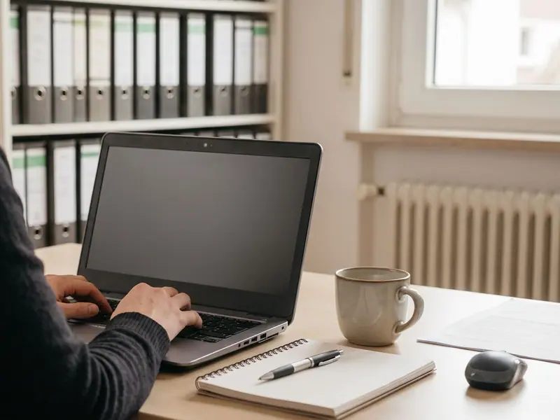 Person tippt am Laptop, von hinten über die Schulter fotografiert, Büro mit Aktenordnern im Hintergrund
