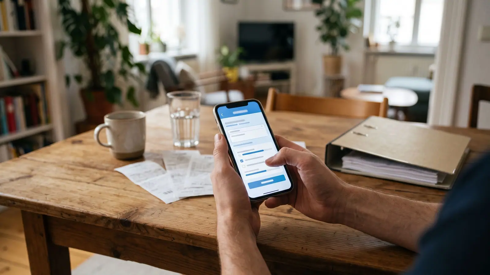 Smartphone zeigt die Startseite der App MeinELSTER+ mit dem Bereich Ein-Klick-Erklärung
