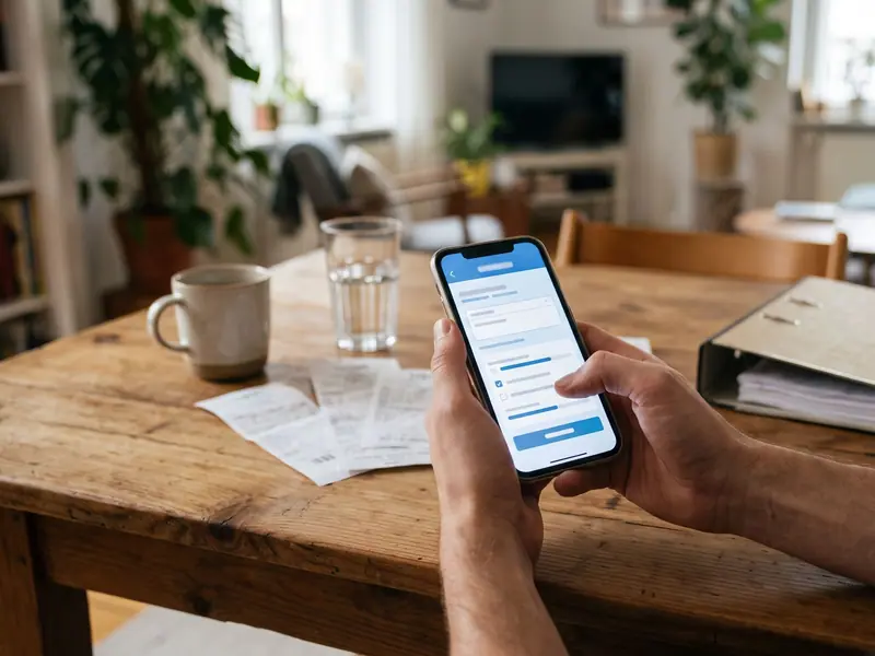 Smartphone zeigt die Startseite der App MeinELSTER+ mit dem Bereich Ein-Klick-Erklärung