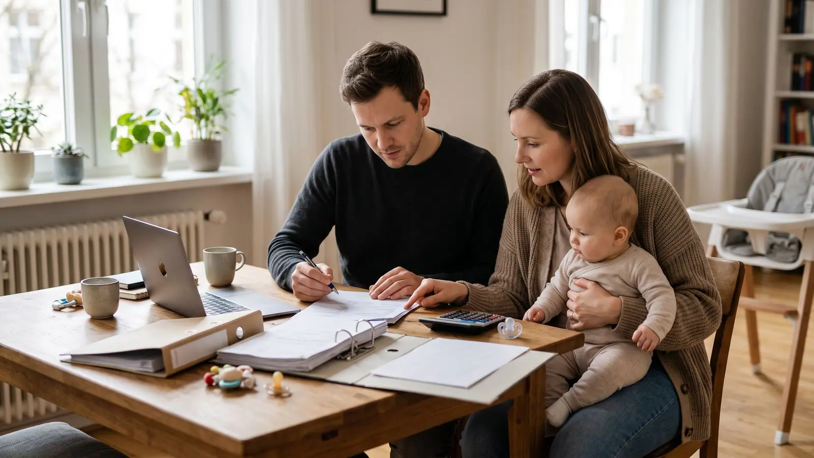 Eltern sitzen mit ihrem Baby am Tisch und sehen gemeinsam Steuerunterlagen durch