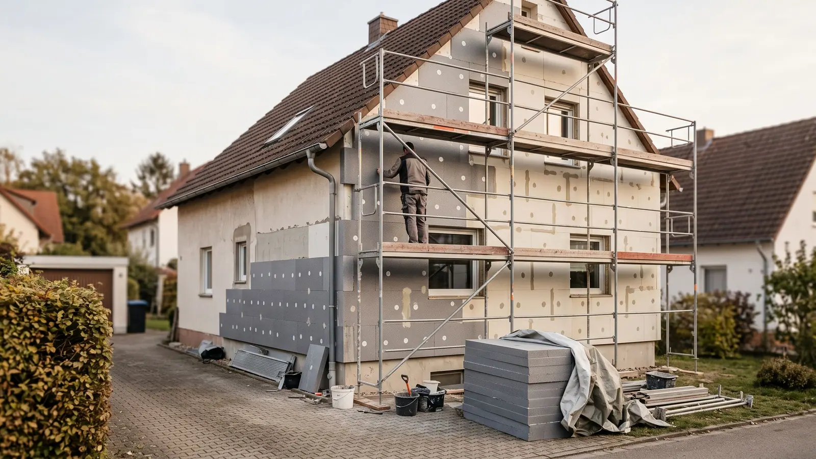 Dämmplatten werden an einer Hausfassade angebracht, Teil einer energetischen Sanierung.