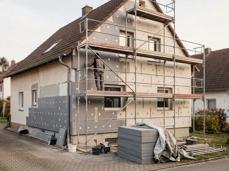 Dämmplatten werden an einer Hausfassade angebracht, Teil einer energetischen Sanierung.