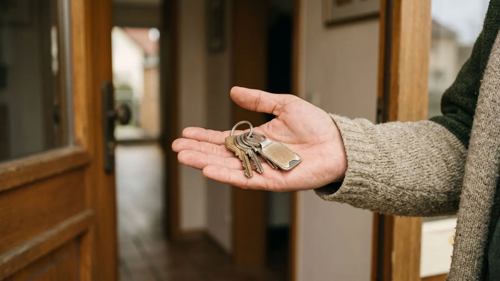 Eine Hand hält einen Hausschlüssel mit Anhänger vor hellem Hintergrund.