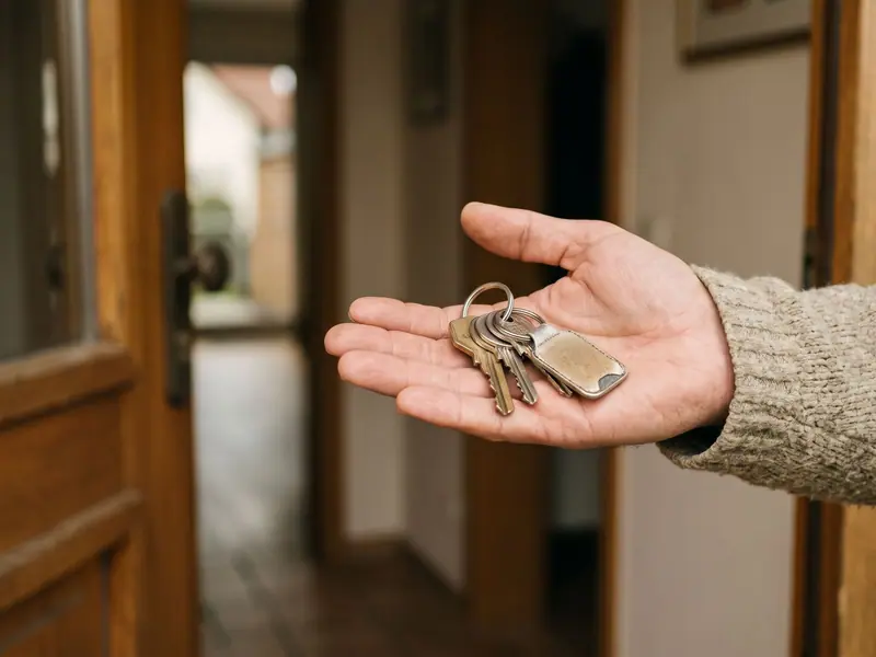 Eine Hand hält einen Hausschlüssel mit Anhänger vor hellem Hintergrund.