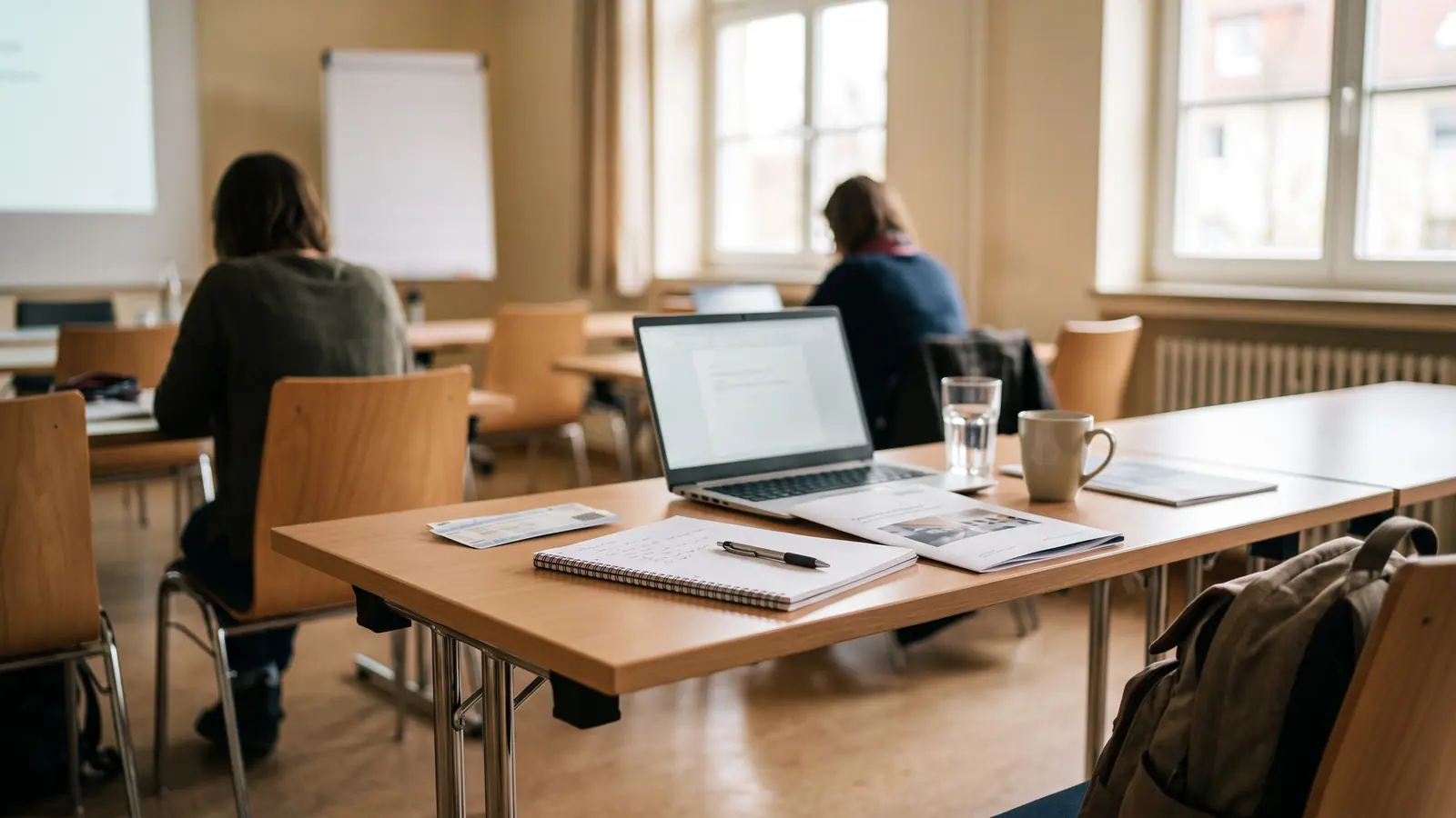 Notizblock und Laptop auf einem Tisch in einem hellen Seminarraum während einer Fortbildung