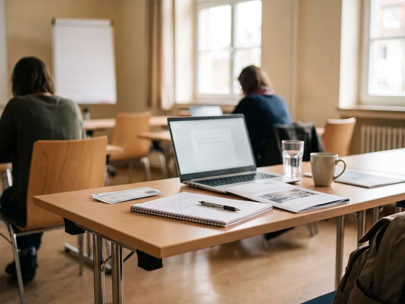 Notizblock und Laptop auf einem Tisch in einem hellen Seminarraum während einer Fortbildung