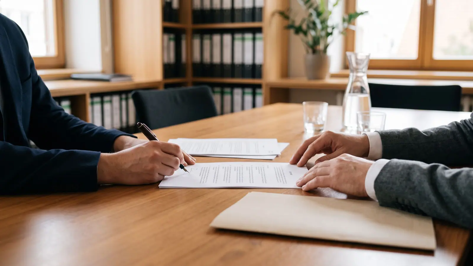 Zwei Personen unterschreiben Dokumente an einem Besprechungstisch im Notariat