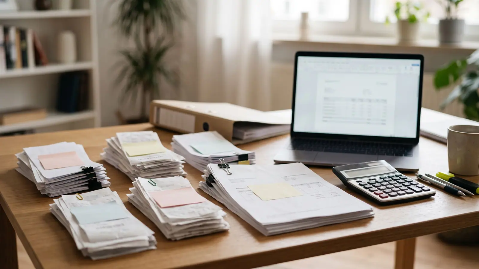 Sortierte Quittungen und Rechnungen auf einem Schreibtisch neben Laptop und Taschenrechner