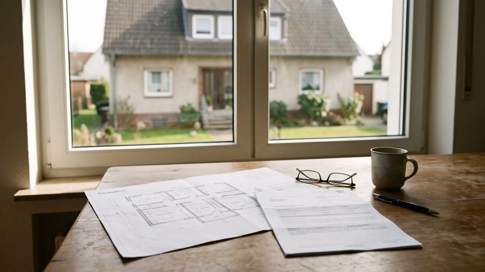 Wohnhaus mit Grundrisszeichnung und Grundsteuerbescheid auf einem Tisch