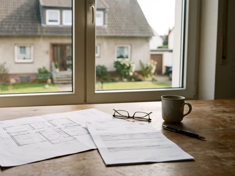 Wohnhaus mit Grundrisszeichnung und Grundsteuerbescheid auf einem Tisch